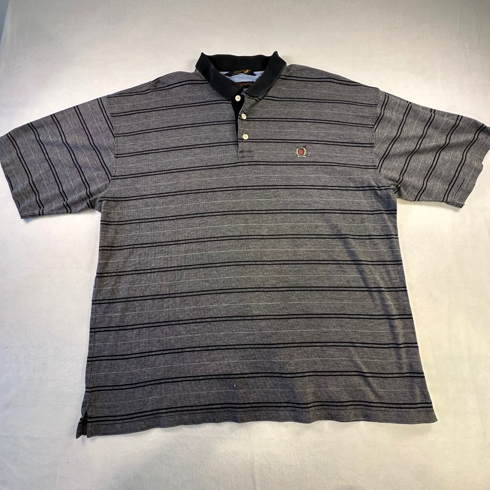 Tommy Hilfiger Golf Mens XL Gray Striped Polo Shirt Eagle Landing Golf Club Logo